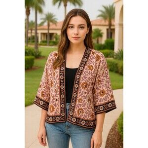 J.Jill Contrasting Floral Printed Ruana Kimono Pale Gem Decorative Vine S-L Top